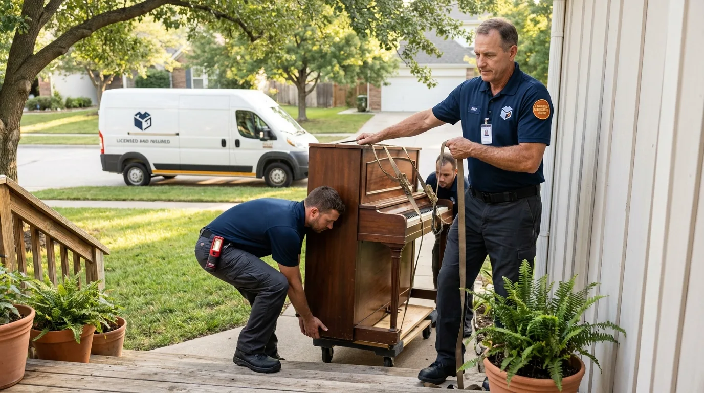 Licensed piano movers securing grand piano in Newport, KY