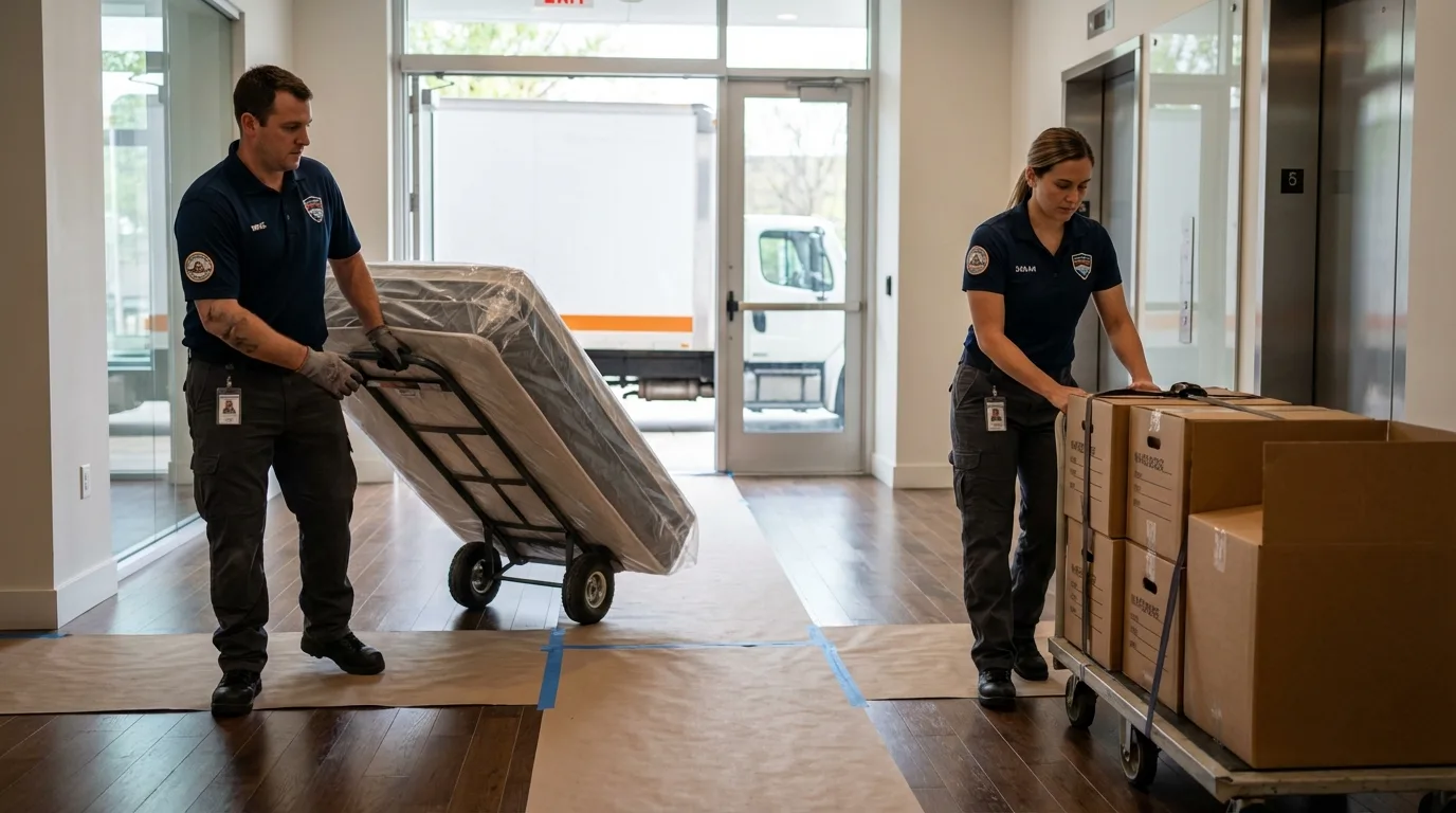 Professional apartment movers loading elevator in Newport, KY