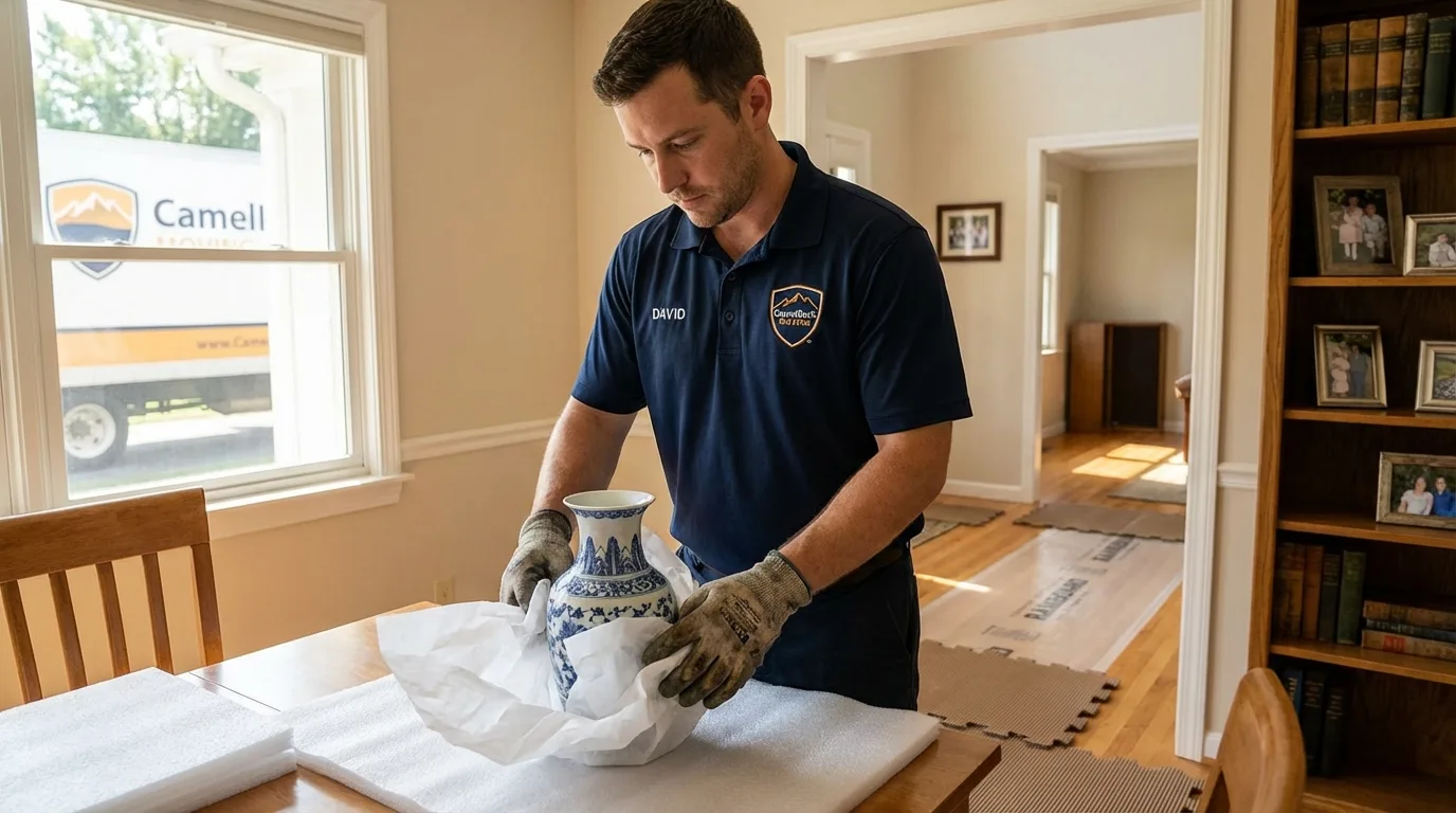 Professional crew carefully wrapping antique vase for senior downsizing move in Newport, KY